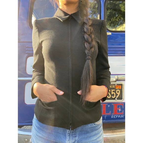 Collard Cropped Jacket with zipper | Black slim fit Coat - Picture 7 of 7